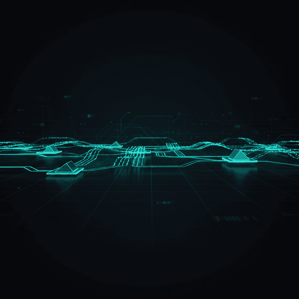 Abstract visualization of automated business workflows with teal accent lines on dark background