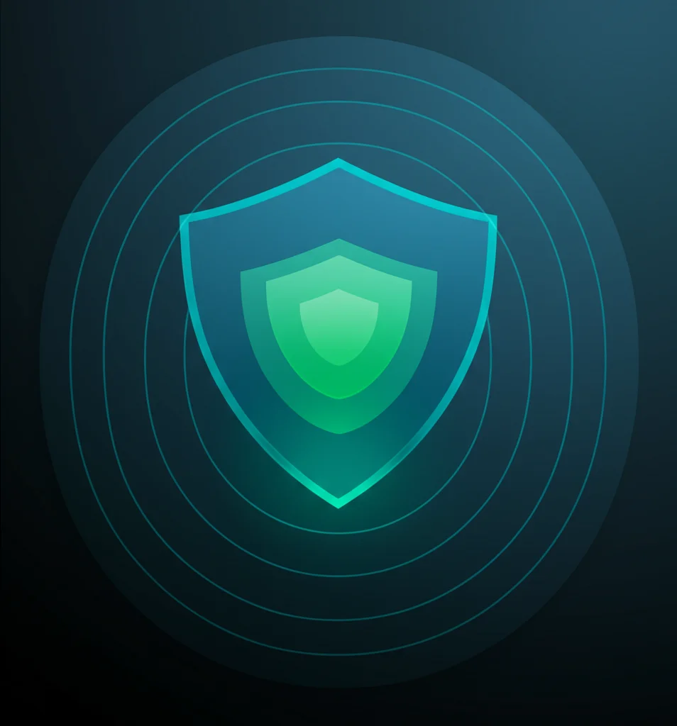 Layered defense visualization showing multiple security barriers protecting data